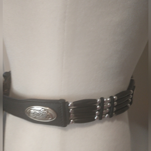 Source Unknown Accessories - Vintage Black Leather Motorcycle Belt with Silver And Beaded Accents - 28 Inch